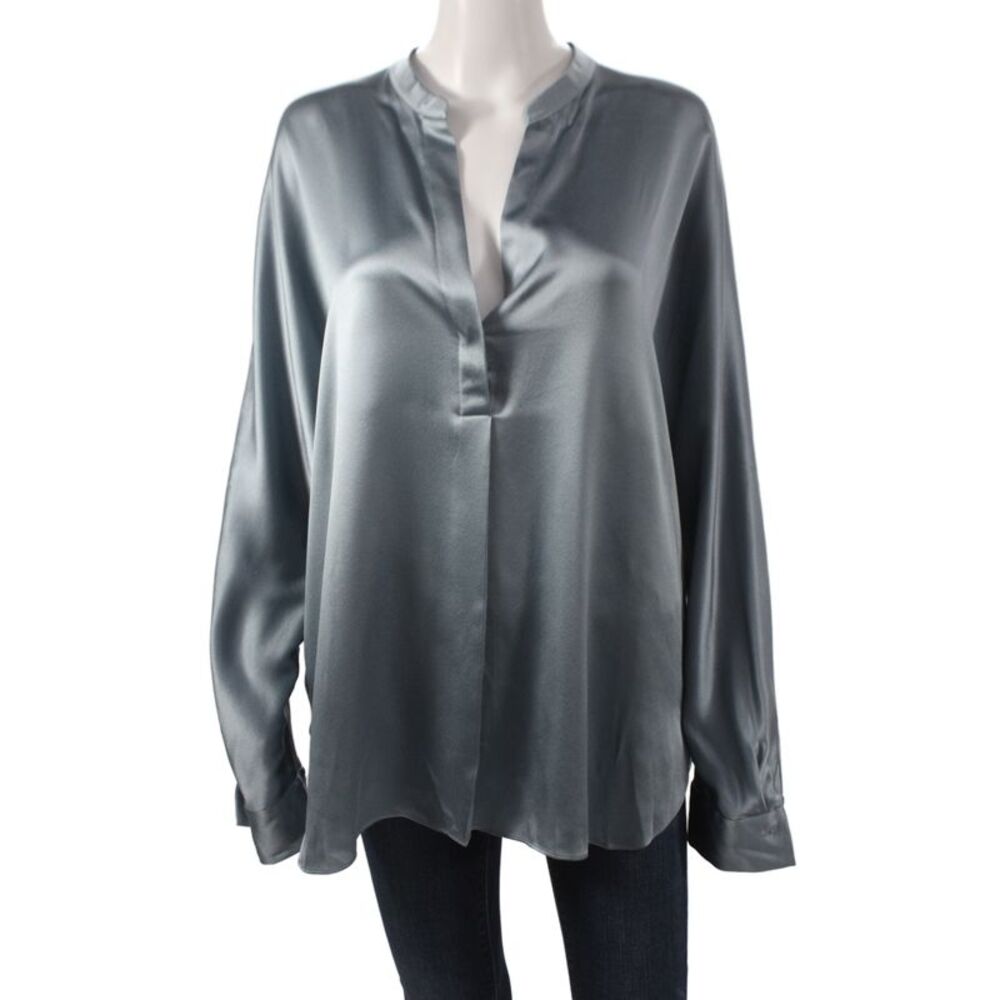 Vince Women Basic Silk V-Neck Long Sleeve Blouse Gray Size L